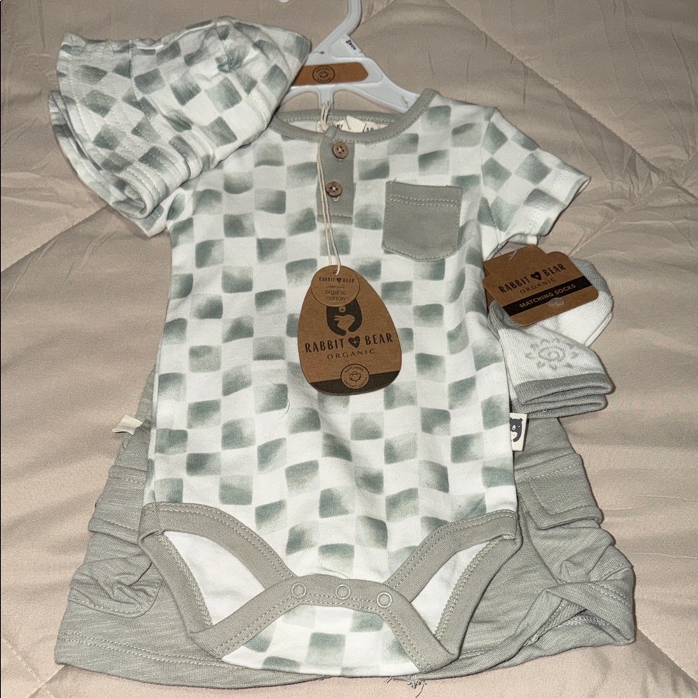 Rabbit & Bear Organic Baby Bodysuit Set - Sage Check